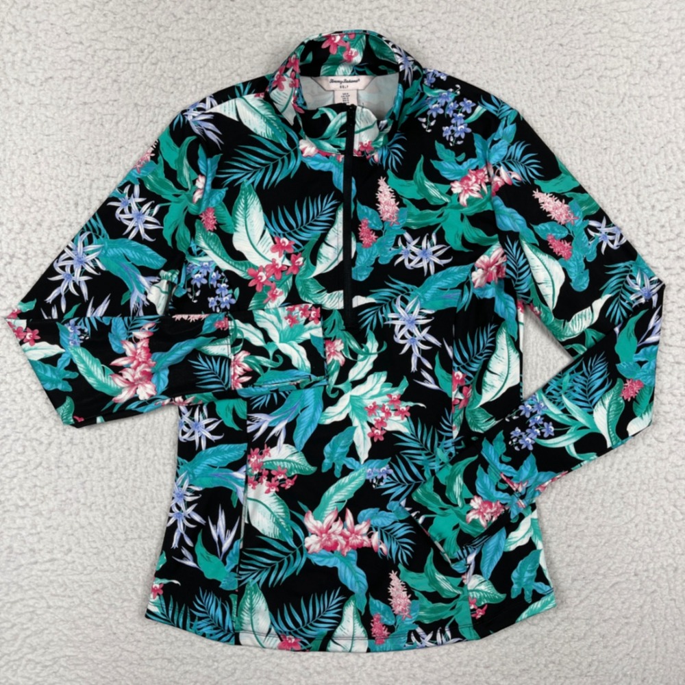 Tommy Bahama Active Top Womens S Black Tropical Floral Golf Quarter Zip Sporty